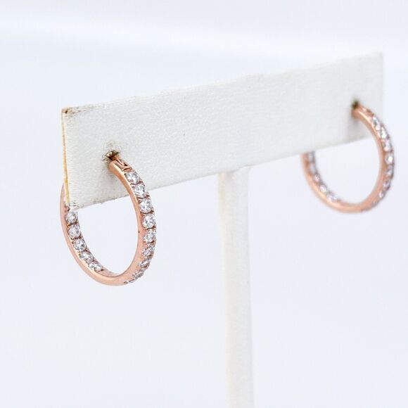 Sterling Silver 925 Rose Gold Tone 2cm Cubic Zirconia Hoop Earrings - Picture 5 of 8